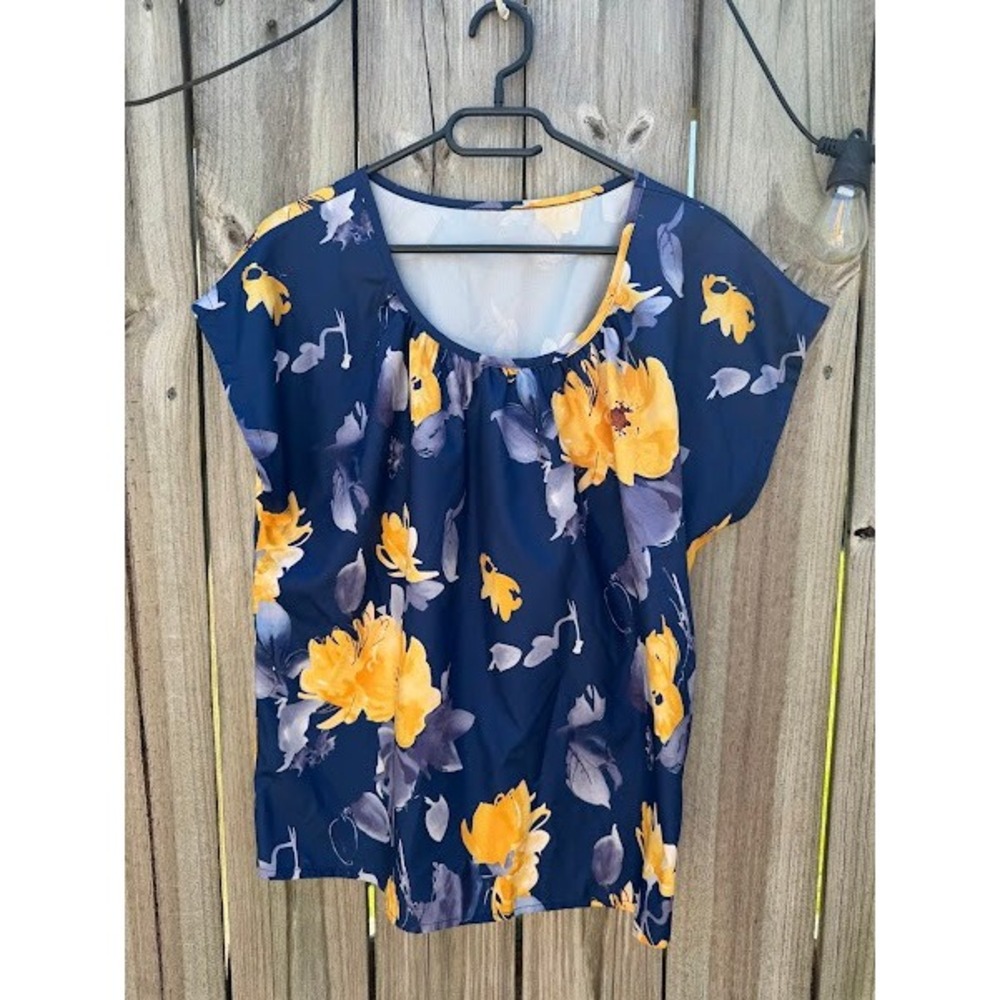 Navy Blue Yellow Floral Scoop Neck Short Sleeve Pleated Front Blouse Top